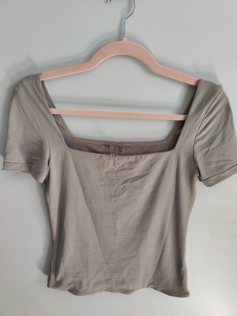 Second Skin Square Neck Short Sleeve Top - Taupe Size Small